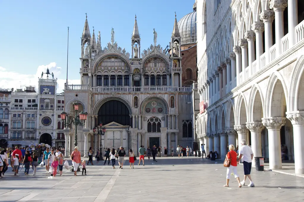 St Mark’s Basilica seen from the Piazzetta, with the arcades of the Doge’s Palace on the right and the Clock Tower on the left