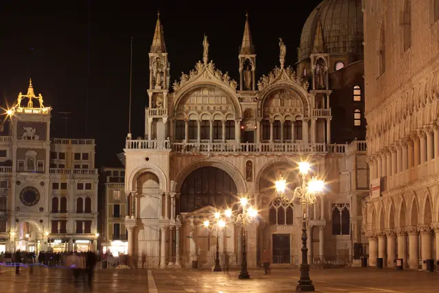 The Basilica at night from the Piazzetta, between the Clock Tower and the Doge’s Palace