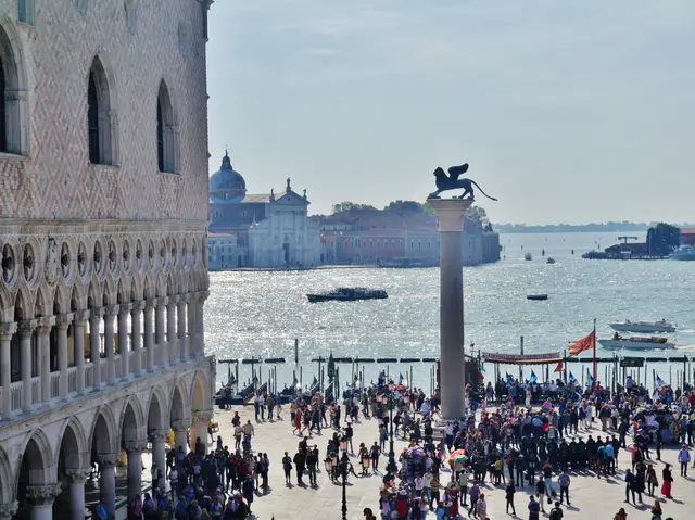 From the Basilica’s terrace: the Piazzetta, the column of the lion and San Giorgio Maggiore across the water